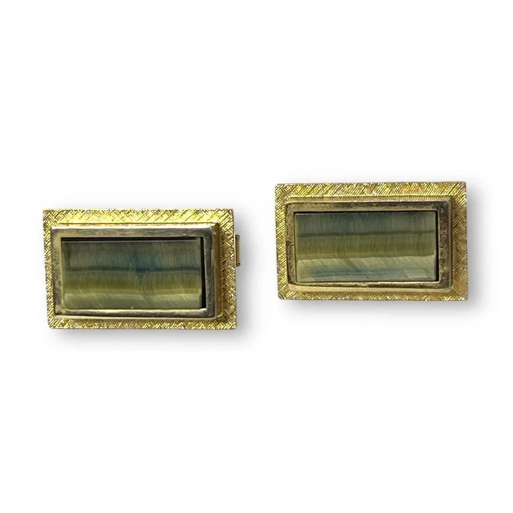 Vintage Tiger’s Eye Cufflinks Cat’s Eye Brushed Finish 10KT GP Tested Unsigned